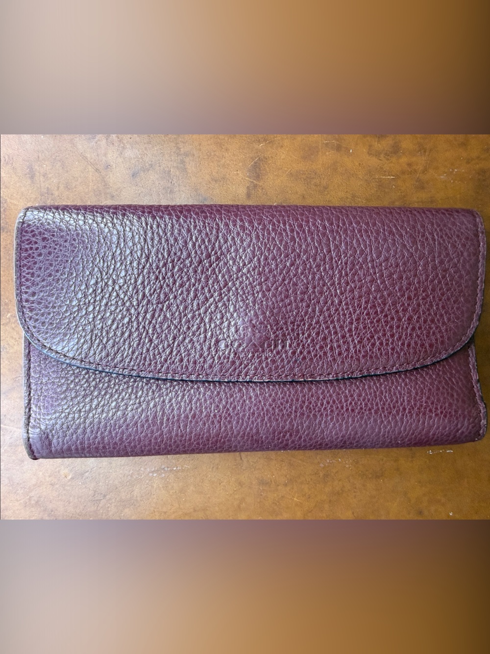 Coach Pebbled Leather Trifold Card Holder - Burgundy